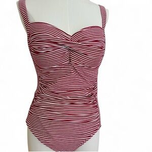 NipTuck Swim Women's Retro Inspired One-Piece Swimsuit – Red & White Striped – S